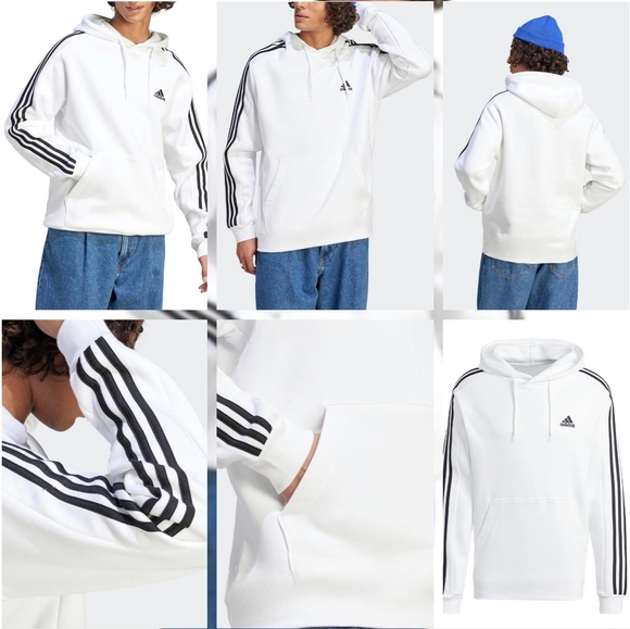 🇩🇪 Adidas Essentials White & Black Long Sleeve 3-Stripes Fleece Hoodie - Picture 9 of 14